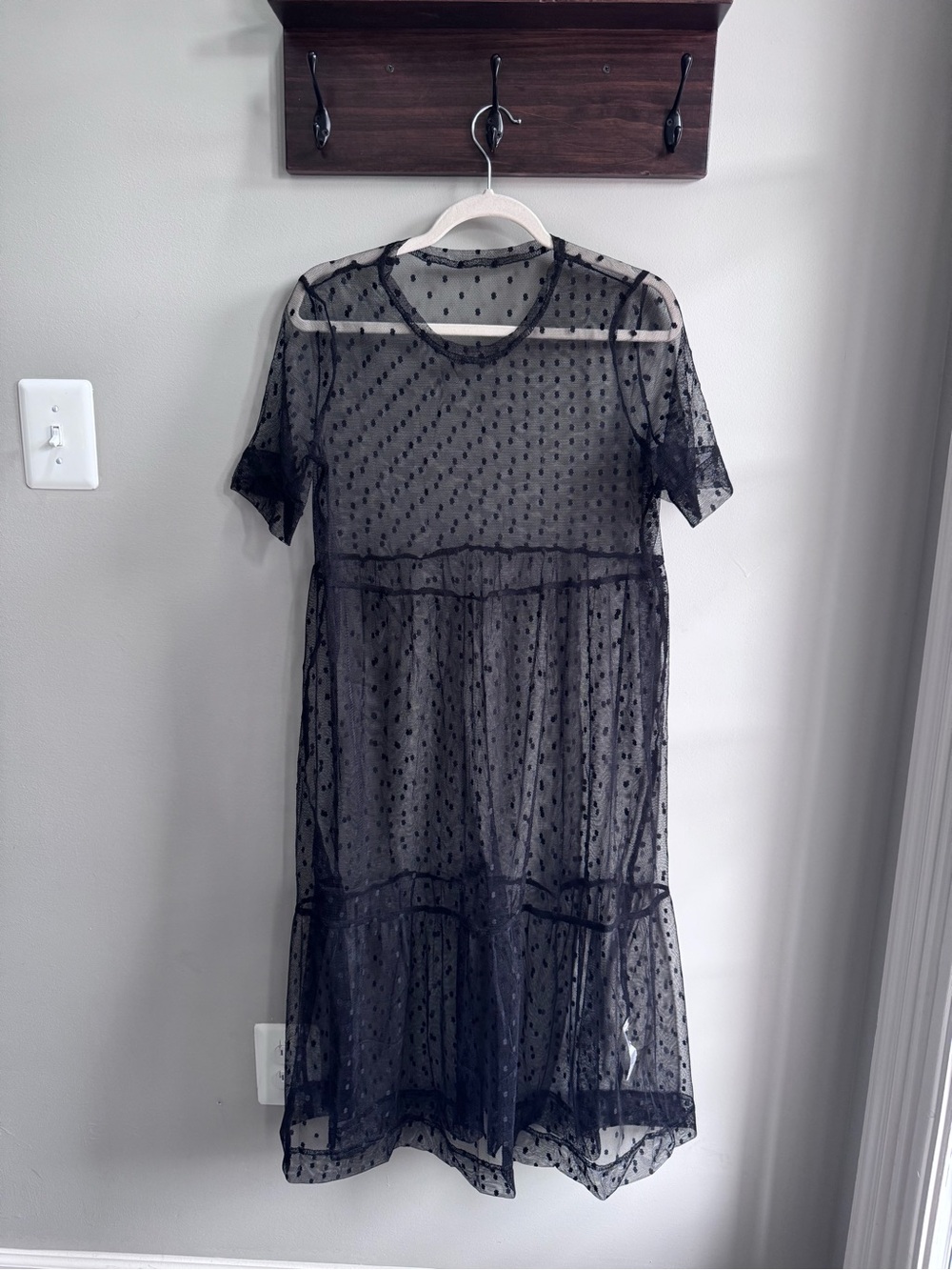 NWOT Sheer Black Polka Dot Short Sleeve Tulle Overlay Dress Size Large